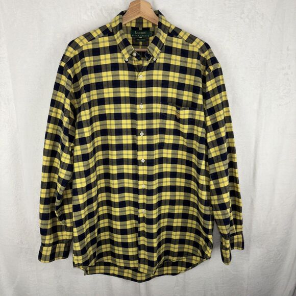 Lauren Ralph Lauren Button Down Shirt Size Large Yellow Blue Plaid Crest Mens - Picture 1 of 6